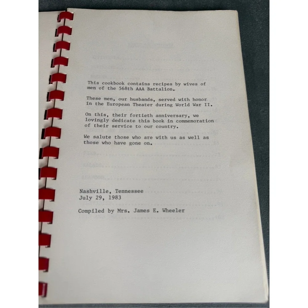 568th AAA Battalion WWII Veterans Reunion Cookbook Nashville TN European Theater